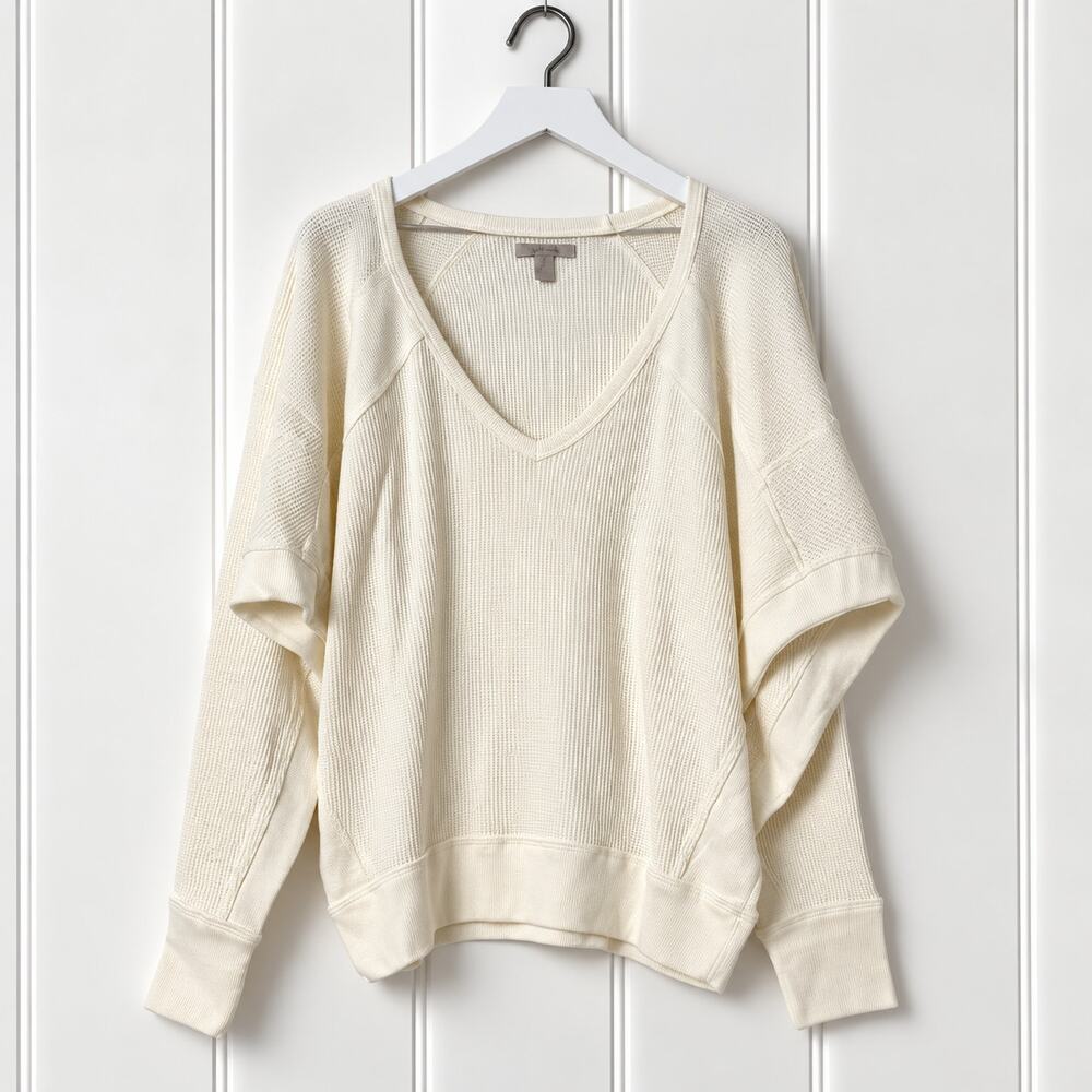 Free People Santa Clara Thermal M Alabaster Cream Oversized V Neck Top NWT